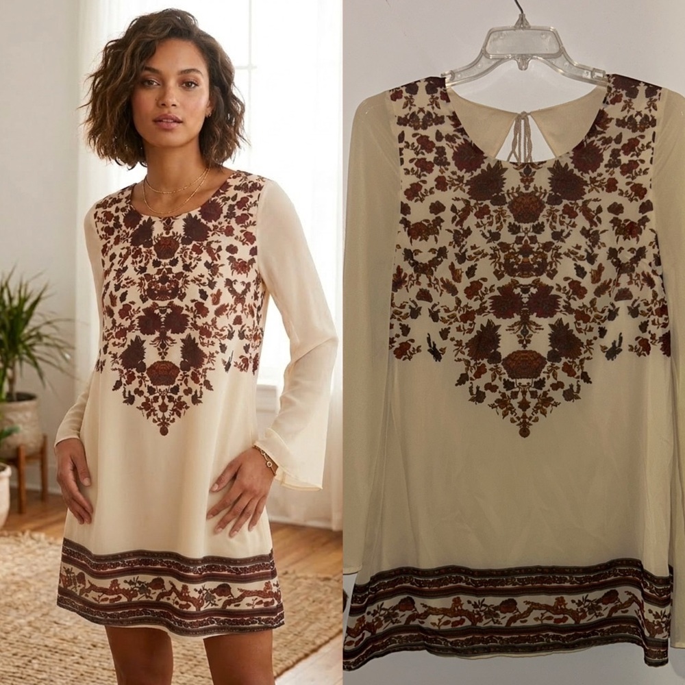 Entro Cream Long-Bell Sleeve Shift Dress Brown Floral Print